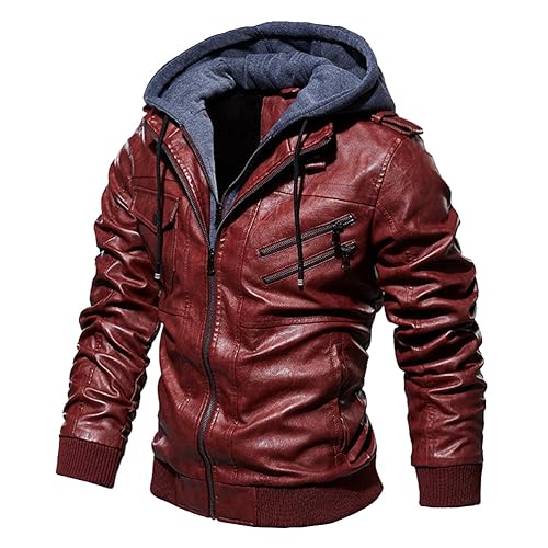 Oanviso Herrenjacke Lederjacke Warme Mantel Winter Jacken mit Kapuze PU Leather Jacket Herbst Mäntel Motorrad Kunstleder Jacket mit Zip Bikerjacke Männer A Rot 3XL von Oanviso
