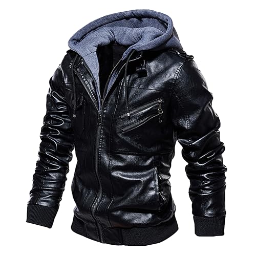 Oanviso Herrenjacke Lederjacke Warme Mantel Winter Jacken mit Kapuze PU Leather Jacket Herbst Mäntel Motorrad Kunstleder Jacket mit Zip Bikerjacke Männer A Schwarz XL von Oanviso