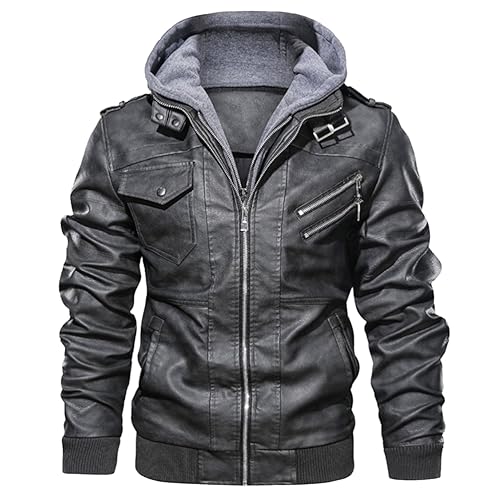 Oanviso Herrenjacke Lederjacke Warme Mantel Winter Jacken mit Kapuze PU Leather Jacket Herbst Mäntel Motorrad Kunstleder Jacket mit Zip Bikerjacke Männer B Grau 3XL von Oanviso