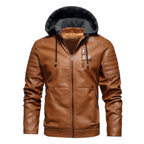 Oanviso Herrenjacke Lederjacke Warme Mantel Winter Jacken mit Kapuze PU Leather Jacket Herbst Mäntel Motorrad Kunstleder Jacket mit Zip Bikerjacke Männer E Braun L von Oanviso