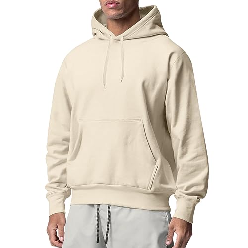 Oanviso Hoodie Herren Hooded Sweatshirt Einfarbig Vordertasche Kapuzenpullover Moda Hoodies Langarm Hoody Männer Pullover mit Kapuze Kapuzenjacke Frühling Herbst Hoodie Slim Fit A Beige M von Oanviso