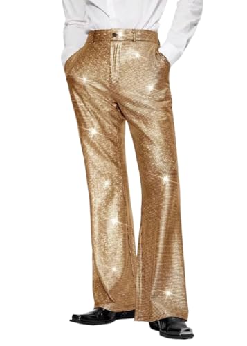 Oanviso Hose Ausgestelltes Bein Herren Glitzer Pailletten Disco Schlaghose Glänzend Metallisch Anzughose Modern Schlag Hosen Modische Herrenhosen Lang Glitzerhose Party Clubwear B Gold XL von Oanviso