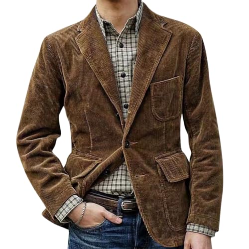 Oanviso Jacke Cord Herren Sakko Retro Blazer aus Cord Freizeitanzug mit Taschen Elegante Anzugjacke Regular Fit Freizeitjacke Männer Einfarbig Mantel Revers Herbst B Braun M von Oanviso