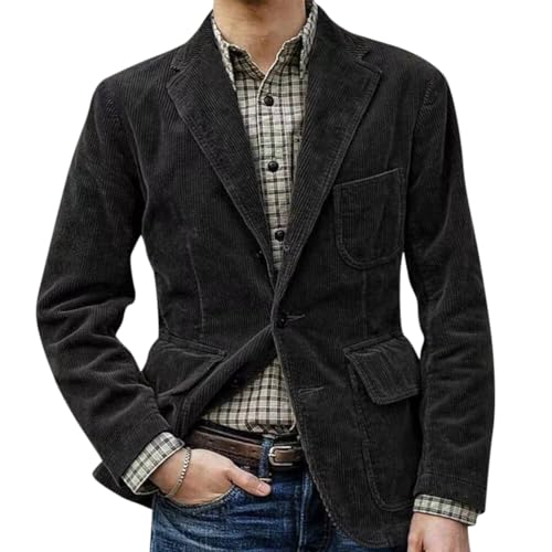 Oanviso Jacke Cord Herren Sakko Retro Blazer aus Cord Freizeitanzug mit Taschen Elegante Anzugjacke Regular Fit Freizeitjacke Männer Einfarbig Mantel Revers Herbst B Schwarz L von Oanviso