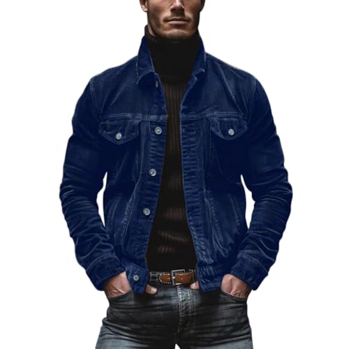 Oanviso Jacke Corduroy Herren Lange Ärmel Cordjacke Vintage mit Revers Jacken Herbst Freizeitjacke Regular Fit Button-Up Cargo Mantel Männer Übergangsjacke A Blau M von Oanviso