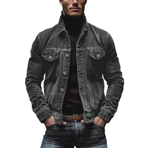Oanviso Jacke Corduroy Herren Lange Ärmel Cordjacke Vintage mit Revers Jacken Herbst Freizeitjacke Regular Fit Button-Up Cargo Mantel Männer Übergangsjacke A Grau L von Oanviso