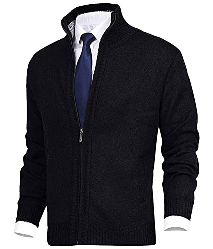 Oanviso Jacke Herren Freizeit Strickmantel Sport Strickjacke mit Stehkragen Klassische Sportjacke mit Reißverschluss Einfarbig Mantel Männer Slim Fit Strickpullover mit Tasche A Schwarz XS von Oanviso