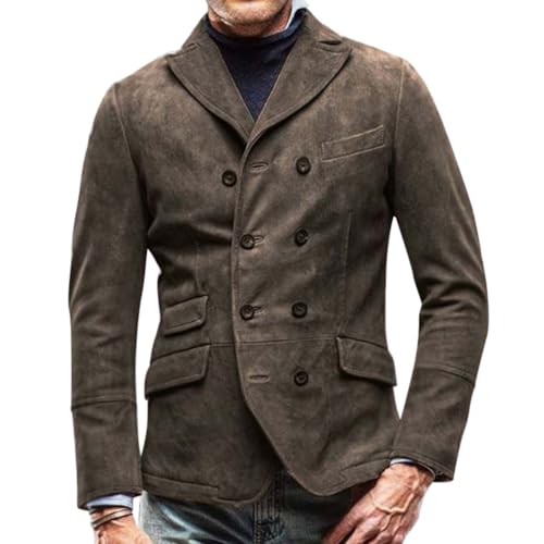 Oanviso Jacke Vintage Herren Freizeitjacke Doppelreihiger Knopf Sakko Retro Blazer mit Revers Elegante Regular Fit Männer Mantel Einfarbig Jacken mit Tasche Herbst Warm Jacke A Braun XXL von Oanviso
