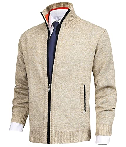 Oanviso Jacke für Herren Freizeit Strickmantel Sport Strickjacke mit Stehkragen Klassische Sportjacke mit Reißverschluss Einfarbig Mantel für Männer Slim Fit Strickpullover mit Tasche A Beige L von Oanviso