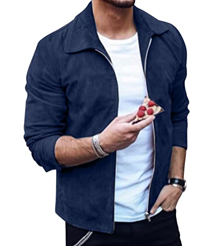 Oanviso Jacke für Herren mit Revers Klassische Freizeit Bomberjacke mit Reißverschluss Veloursleder Langarm Einfarbig Mantel für Männer Slim Fit Freizeitjacke Frühling und Herbst A Dunkelblau L von Oanviso