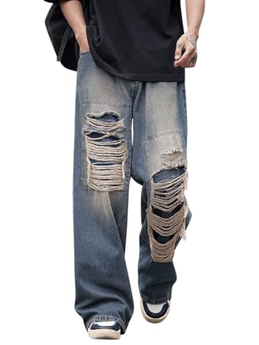 Oanviso Jeans Herren Baggy Jeans Straight Fit Jeanshose Ripped Jeans Destroyed Stretch Jeans Mode Jeans Slim Hip Hop Hose Denim Mit Löchern Männer Jeans Freizeithose Retro Jeanshosen I 01 XS von Oanviso