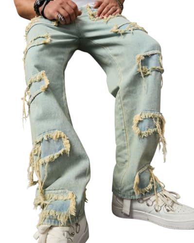 Oanviso Jeans Hose Herren Gerade Jeanshosen Denim Stretch Freizeithose Mode Jeans Hose Streetwear Pants Straight Fit Hip Hop Jeans Wasserwäsche Jeanshose Lang Vintage Männer Jeans D 01 L von Oanviso