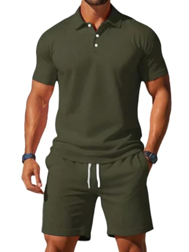 Oanviso Jogginganzug für Herren Kurzarm Polo Hemd und Shorts Sommer Sportanzug 2 Teiliges Outfit Set Poloshirt Sporthose Mode Freizeitanzug für Männer A Armeegrün XL von Oanviso