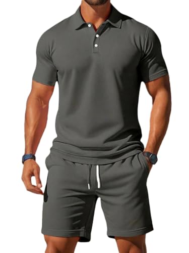 Oanviso Jogginganzug für Herren Kurzarm Polo Hemd und Shorts Sommer Sportanzug 2 Teiliges Outfit Set Poloshirt Sporthose Mode Freizeitanzug für Männer A Dunkelgrau XXL von Oanviso