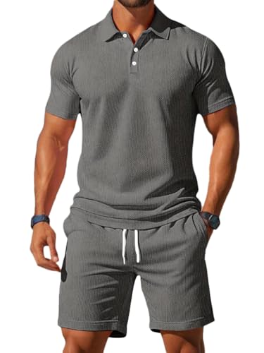 Oanviso Jogginganzug für Herren Kurzarm Polo Hemd und Shorts Sommer Sportanzug 2 Teiliges Outfit Set Poloshirt Sporthose Mode Freizeitanzug für Männer A Grau L von Oanviso