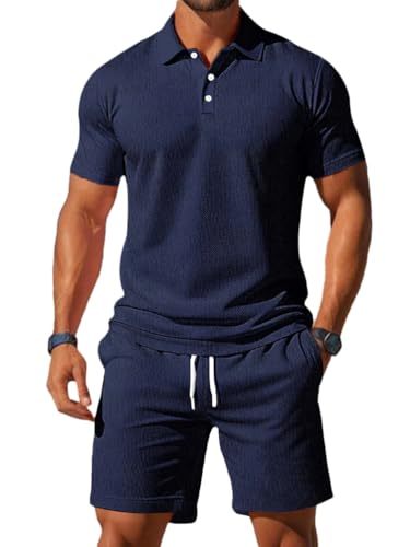 Oanviso Jogginganzug für Herren Kurzarm Polo Hemd und Shorts Sommer Sportanzug 2 Teiliges Outfit Set Poloshirt Sporthose Mode Freizeitanzug für Männer A Marine XL von Oanviso