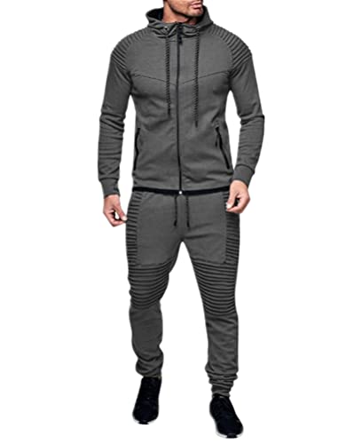 Oanviso Jogginganzug für Herren&Jugendliche Freizeitanzug Traininganzug Homewear Jogginghose-Reißverschlusshoodie Sets Plissiertes Design Uni Colour Sportanzug Outdoor A Dunkelgrau XL von Oanviso