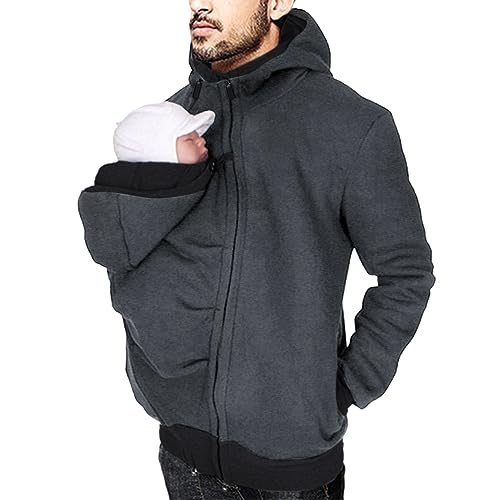 Oanviso Känguru Hoodie für Herren Babytrage Pullover Warme Babytrage Mantel Langarm Kapuzenjacke Känguru Shirt für Papa und Baby 2 in1 Tragejacke Männer Comfort Kängurujacke A Grau L von Oanviso