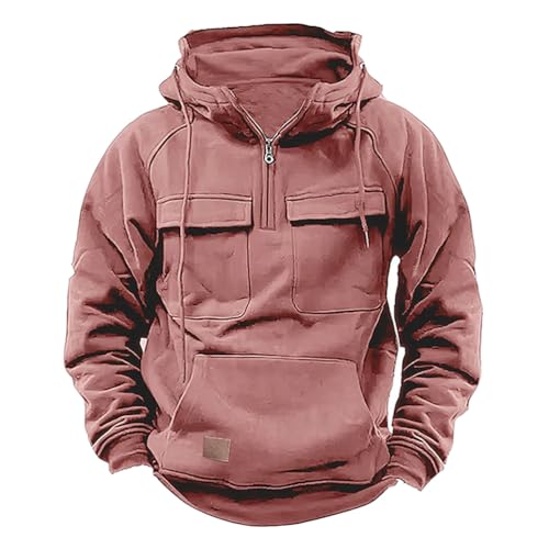 Oanviso Kapuzenpullover Cargo Herren Hoodie mit Reißverschluss Cargo Pullover mit Kapuze Casual Taktische Hoodie Herbst Sweatshirt Hoody Pullover mit Taschen A Rosa XL von Oanviso