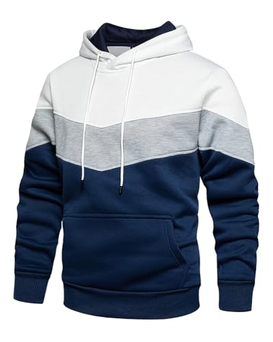Oanviso Kordelzug Hoodie für Herren Winter Langarm Farbblock Pullover Fleecesweatshirt mit Kapuze Freizeit Feuchtigkeitsableitende Sweatshirt Fitness Jogging Sport Style B Weiß XL von Oanviso