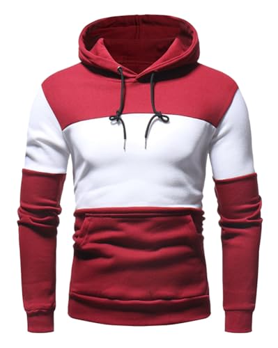 Oanviso Kordelzug Hoodie für Herren Winter Langarm Farbblock Pullover Fleecesweatshirt mit Kapuze Freizeit Feuchtigkeitsableitende Sweatshirt Fitness Jogging Sport Style F Rot L von Oanviso