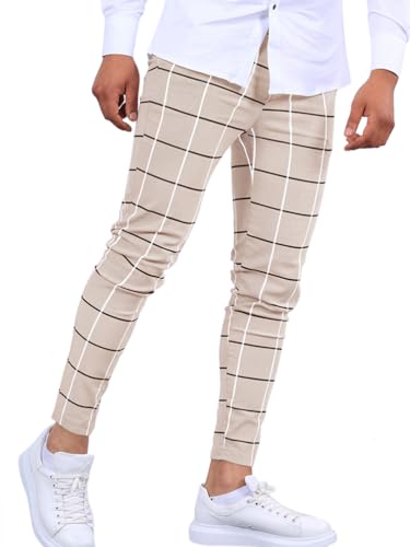 Oanviso Lässige Karohose für Herren Bleistifthose mit Taschen Klassisch Business-Hose Slim Fit Anzughose Casual Stretch Hose Karierte Formelle Hosen Sporthosen für Frühling und Herbst E Khaki M von Oanviso