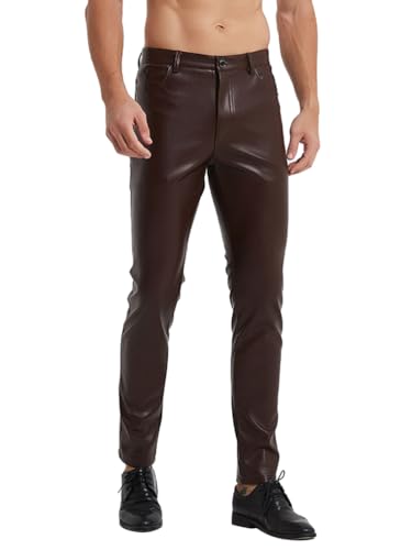 Oanviso Lederhose Herren PU Leder Bikerhose Kunstleder Hosen Slim Fit Lange Hosen Bleistift Hose Bühnenshow Motorrad Lederhose Weich Einfarbig Pants Punk Leder Hosen Mode Herrenhosen A Braun L von Oanviso