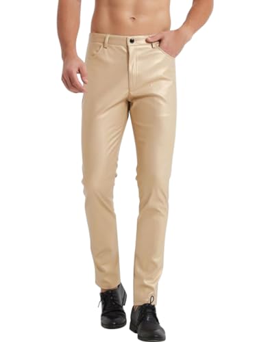 Oanviso Lederhose Herren PU Leder Bikerhose Kunstleder Hosen Slim Fit Lange Hosen Bleistift Hose Bühnenshow Motorrad Lederhose Weich Einfarbig Pants Punk Leder Hosen Mode Herrenhosen A Golden 3XL von Oanviso