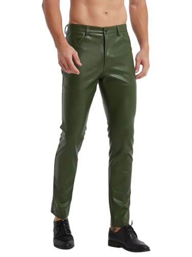 Oanviso Lederhose Herren PU Leder Bikerhose Kunstleder Hosen Slim Fit Lange Hosen Bleistift Hose Bühnenshow Motorrad Lederhose Weich Einfarbig Pants Punk Leder Hosen Mode Herrenhosen A Grün L von Oanviso