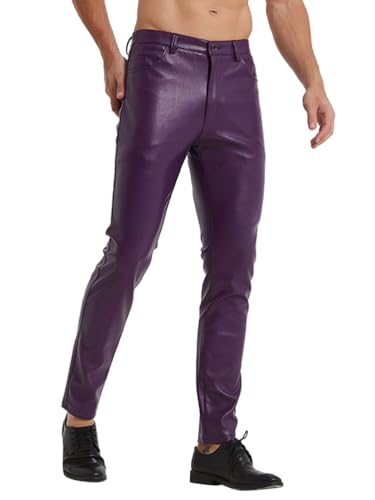 Oanviso Lederhose Herren PU Leder Bikerhose Kunstleder Hosen Slim Fit Lange Hosen Bleistift Hose Bühnenshow Motorrad Lederhose Weich Einfarbig Pants Punk Leder Hosen Mode Herrenhosen A Lila 3XL von Oanviso