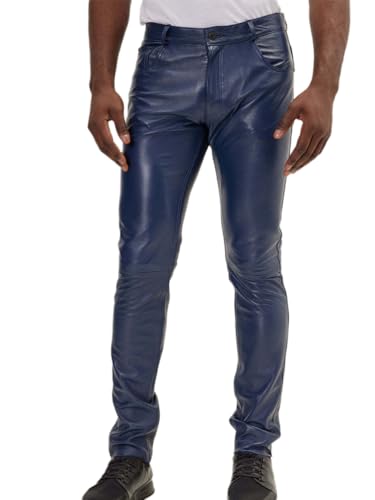 Oanviso Lederhose Herren PU Leder Bikerhose Kunstleder Hosen Slim Fit Lange Hosen Bleistifthose Elastisch Motorrad Lederhose Weich Einfarbig Punk Leder Hosen A Blau XL von Oanviso