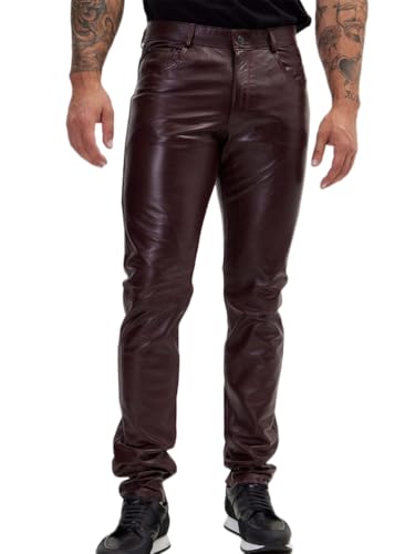 Oanviso Lederhose Herren PU Leder Bikerhose Kunstleder Hosen Slim Fit Lange Hosen Bleistifthose Elastisch Motorrad Lederhose Weich Einfarbig Punk Leder Hosen A Braun XXL von Oanviso