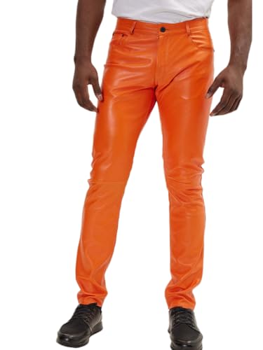 Oanviso Lederhose Herren PU Leder Bikerhose Kunstleder Hosen Slim Fit Lange Hosen Bleistifthose Elastisch Motorrad Lederhose Weich Einfarbig Punk Leder Hosen A Orange XXL von Oanviso