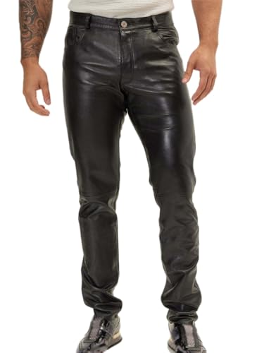 Oanviso Lederhose Herren PU Leder Bikerhose Kunstleder Hosen Slim Fit Lange Hosen Bleistifthose Elastisch Motorrad Lederhose Weich Einfarbig Punk Leder Hosen A Schwarz XL von Oanviso