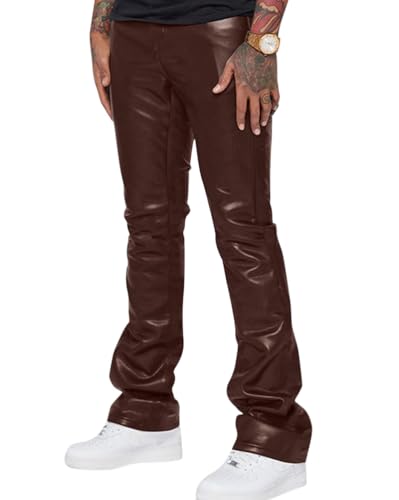 Oanviso Lederhose PU Leder Herren Bikerhose Kunstleder Hosen Slim Fit Lange Hosen Bleistift Hose Motorrad Lederhosen Weich Hip Hop Leder Hosen Punk Skinny Pants Strech Hose Bühnenshow A Braun XXL von Oanviso