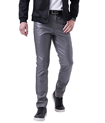 Oanviso Lederhosen Herren Herrenhosen Freizeithose mit Reißverschluss Mode Herbst Lange Gerade Hosen Einfarbige Klassisch Kunstleder Pants Motorrad Leder Hose Leicht Elastisch Steampunk A Grau XXL von Oanviso