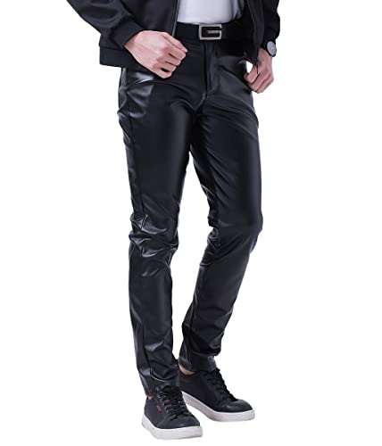 Oanviso Lederhosen Herren Herrenhosen Freizeithose mit Reißverschluss Mode Herbst Lange Gerade Hosen Einfarbige Klassisch Kunstleder Pants Motorrad Leder Hose Leicht Elastisch Steampunk A Schwarz L von Oanviso