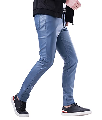 Oanviso Lederhosen Herren Herrenhosen Freizeithose mit Reißverschluss Mode Herbst Lange Hose Gerade Hosen Einfarbige Klassisch Kunstleder Pants Motorrad Leder Hose Leicht Elastisch Steampunk A Blau XL von Oanviso