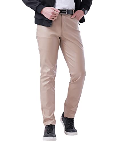 Oanviso Lederhosen Herren Herrenhosen Freizeithose mit Reißverschluss Mode Herbst Lange Hose Gerade Hosen Einfarbige Klassisch Kunstleder Pants Motorrad Leder Hose Leicht Elastisch Steampunk A Khaki L von Oanviso