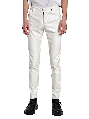 Oanviso Lederhosen Herren Herrenhosen Freizeithose mit Reißverschluss Mode Herbst Lange Hose Gerade Hosen Einfarbige Klassisch Kunstleder Pants Motorrad Leder Hose Leicht Elastisch Steampunk B Weiß XL von Oanviso