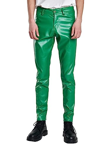 Oanviso Lederhosen Herren Herrenhosen Freizeithose mit Reißverschluss Mode Herbst Lange Hose Gerade Hosen Einfarbige Kunstleder Pants Motorrad Leder Hose Leicht Elastisch Steampunk B Grün 3XL von Oanviso