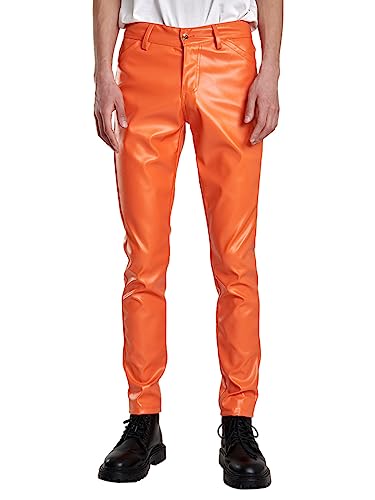 Oanviso Lederhosen Herren Herrenhosen Freizeithose mit Reißverschluss Mode Herbst Lange Hose Gerade Hosen Einfarbige Kunstleder Pants Motorrad Leder Hose Leicht Elastisch Steampunk B Orange XL von Oanviso