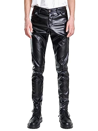 Oanviso Lederhosen Herren Herrenhosen Freizeithose mit Reißverschluss Mode Herbst Lange Hose Gerade Hosen Einfarbige Kunstleder Pants Motorrad Leder Hose Leicht Elastisch Steampunk B Schwarz M von Oanviso