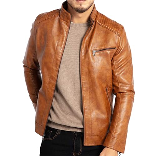 Oanviso Lederjacke Herren Jacke Kunstleder Einfarbig Jacken Langarm Reißverschluss PU-Leder Jacke Motorrad Freizeitjacke Bikerjacke Mode Slim Fit Lederjacke Übergangsjacke Stehkragen A Braun M von Oanviso