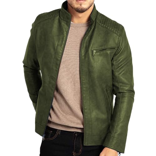 Oanviso Lederjacke Herren Jacke Kunstleder Einfarbig Jacken Langarm Reißverschluss PU-Leder Jacke Motorrad Freizeitjacke Bikerjacke Mode Slim Fit Lederjacke Übergangsjacke Stehkragen A Grün M von Oanviso