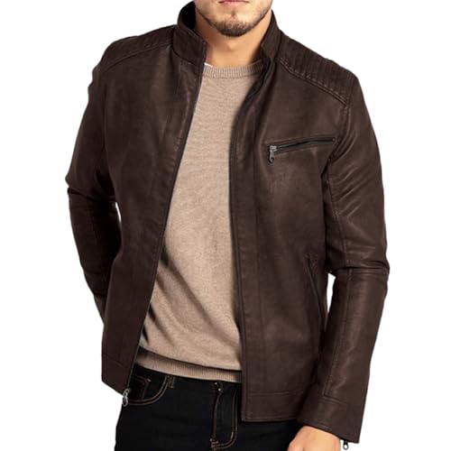 Oanviso Lederjacke Herren Jacke Kunstleder Einfarbig Jacken Langarm Reißverschluss PU-Leder Jacke Motorrad Freizeitjacke Bikerjacke Mode Slim Fit Lederjacke Übergangsjacke Stehkragen A Kaffee M von Oanviso