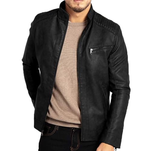 Oanviso Lederjacke Herren Jacke Kunstleder Einfarbig Jacken Langarm Reißverschluss PU-Leder Jacke Motorrad Freizeitjacke Bikerjacke Mode Slim Fit Lederjacke Übergangsjacke Stehkragen A Schwarz M von Oanviso