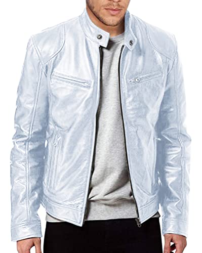 Oanviso Lederjacke für Herren Einfarbig Kunstleder Jacken Langarm mit Reißverschluss Frühling PU-Leder Jacke mit Stehkragen Freizeitjacke mit Taschen Motorrad Mode Slim Fit A Weiß L von Oanviso