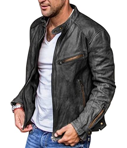Oanviso Lederjacke für Herren Slim Fit Kunstleder Jacken mit Taschen Frühling PU Leder Jacke mit Stehkragen Freizeit Jacke mit Reißverschluss Casual Biker Jacket Langarm Retro Männer A Schwarz XS von Oanviso