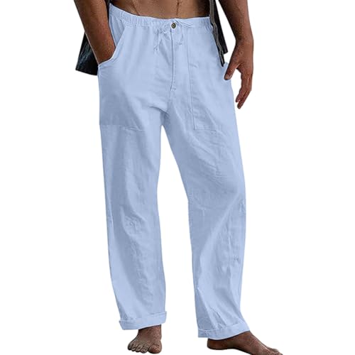 Oanviso Leinenhos Herren Hose Freizeithose Sommer Herbst Strandhose mit Tasche Knopf Elastischer Bund A Hellblau XXL Oanviso Leinenhos Herren Hose Freizeithose Sommer Herbst Strandhose mit Tasche Knopf Elastischer Bund A Hellblau XXL von Oanviso